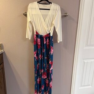 Reborn White wrap top with Blue Floral Long Sleeve Dress